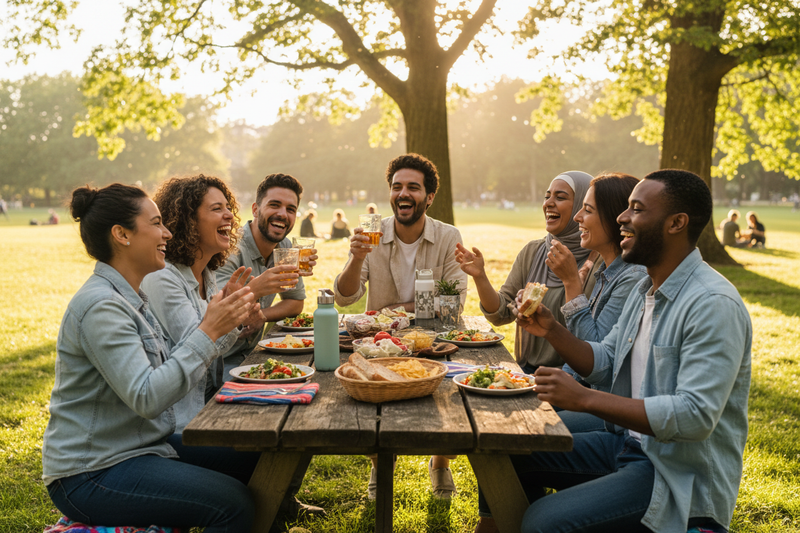 a photo of adults hanging out at a picnic table, enjoying time together, warm sunlight. happy