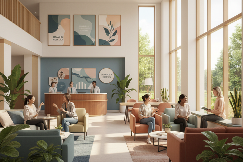 genereate me a photo of a drug rehab center with healthy patients in the lobb