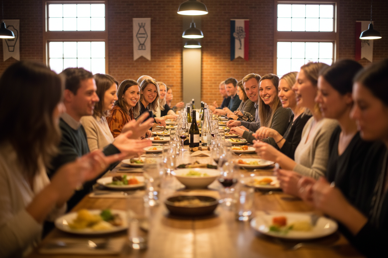 photo at the end of a long table of people eating in a casual dining hall. foreground people are out of focus. 